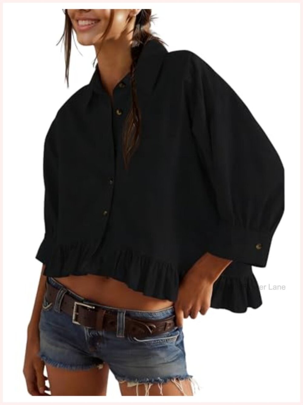 Women's Striped 3/4 Sleeve Blouse Loose V Neck Button Down Ruffled Hem Cotton